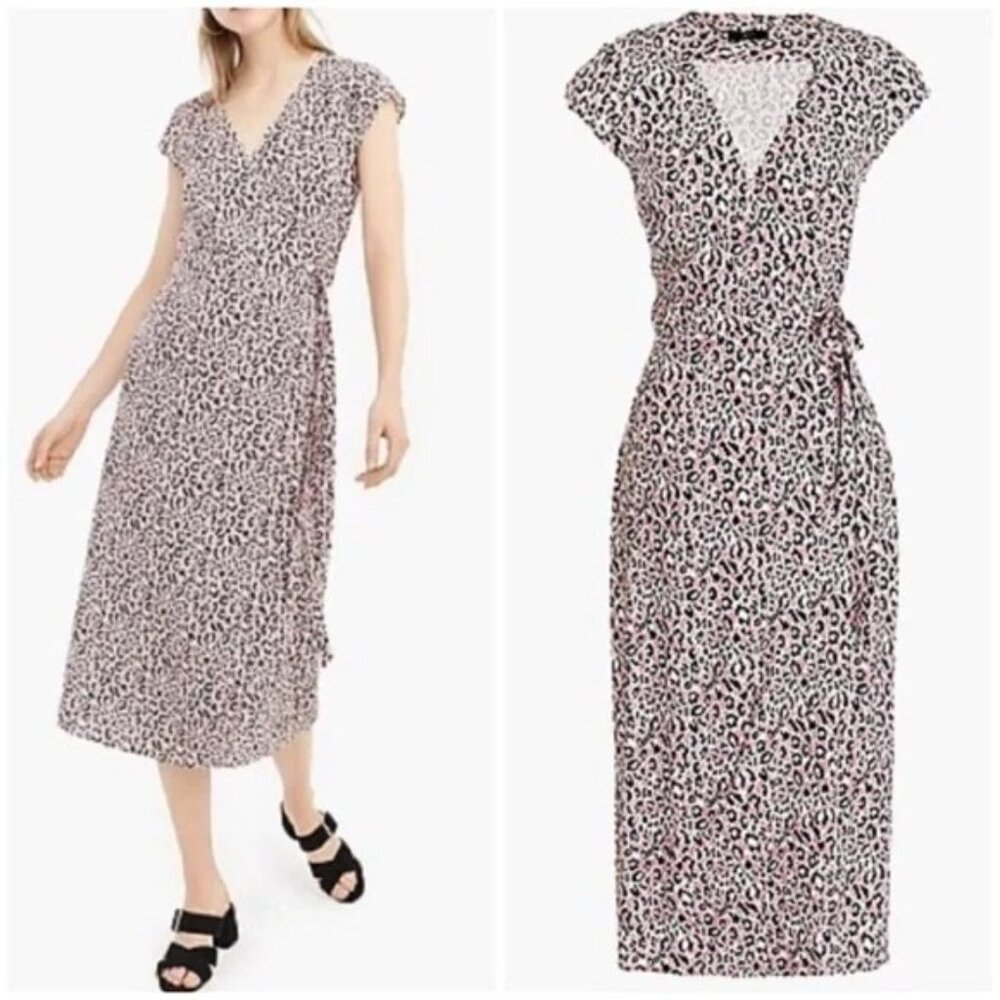 "NWT" J Crew Midi Wrap Dress Soft Rayon Pink Leopard Print In Size XS
